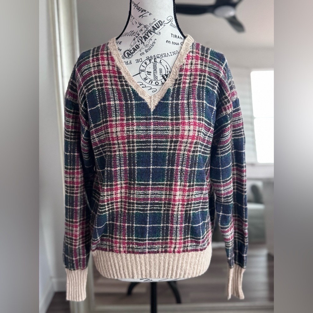 Vintage 90s Polo Ralph Lauren Silk Wool V Neck Sweater Multicolor Size M